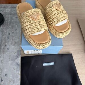 Platform Prada Tan Woven Slide Sandals